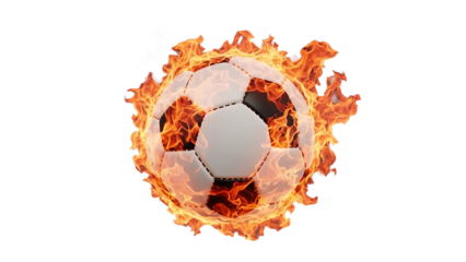 A soccer ball engulfed in flames on transparent background