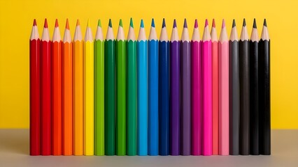 Vibrant colored pencils arranged in rainbow pattern on gray surface against yellow background