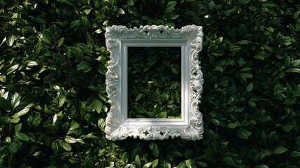 Ornate white picture frame on lush green hedge background
