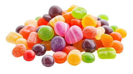 Assortment of fruity chewy gummy candies with sugar dusting background