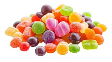 Assortment of fruity chewy gummy candies with sugar dusting background
