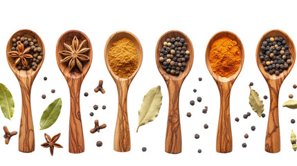 Various whole spices and ground powders presented in wooden spoons