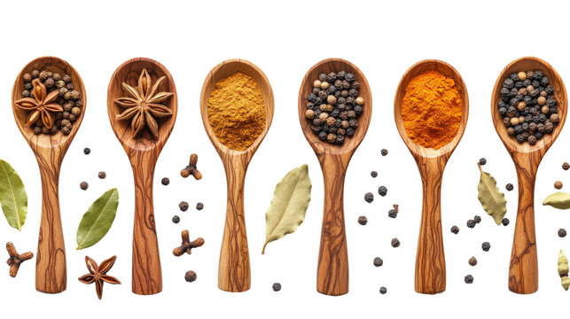 Various whole spices and ground powders presented in wooden spoons