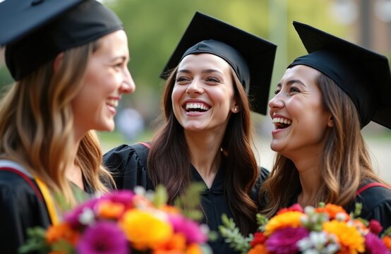 Three smiling young women in graduation gowns laugh holding colorful flower bouquets. Diverse friends celebrate college achievement together on campus green. Friends share happy moment, enjoy future