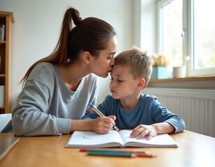 Mother kisses forehead of young son doing homework at table. Child learns indoors with pen and book. Family shows love and support during study time at home.