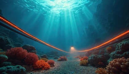 Underwater cables glow orange on ocean floor near coral reefs. Sunlight streams through dark blue water illuminating seabed and aquatic life. Deep sea network connects world.