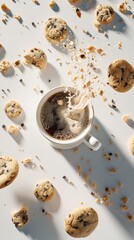 Delicious chocolate chip cookies and coffee cup on white background