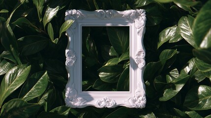 Elegant white ornate picture frame on lush green leaves background