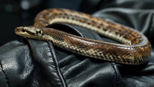 Detailed 4K stock video offering close up view of snake as it smoothly sli rs and crawls into sleeve of jacket set against background of black lea r