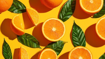 Vibrant oranges and green leaves on bright yellow background