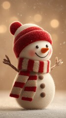 Adorable snowman in red hat and scarf smiling warmly in snowy scene