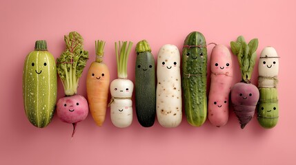 Smiling vegetables in a row on pink background for healthy eating concepts