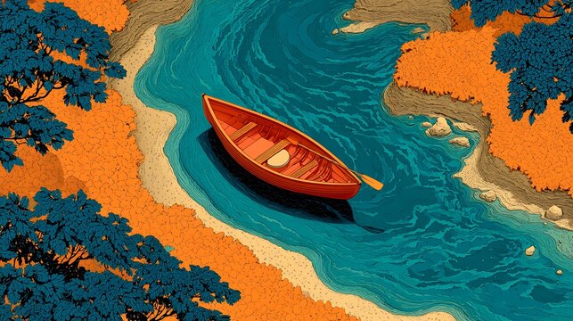 Orange canoe adrift on a winding blue river with lush green and orange foliage banks boat water photo