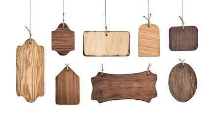 Various shapes of aged wood boards with rope for announcement display.