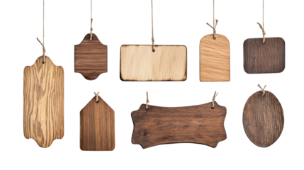 Various shapes of aged wood boards with rope for announcement display.