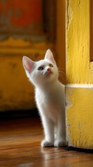 Curious white kitten peeking from behind yellow wooden corner