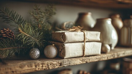 Cozy Christmas gifts on rustic shelf with pine and ornaments