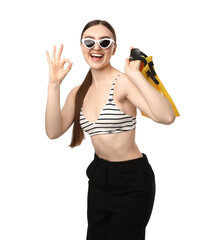 Obraz premium Office worker with swimfins on white background