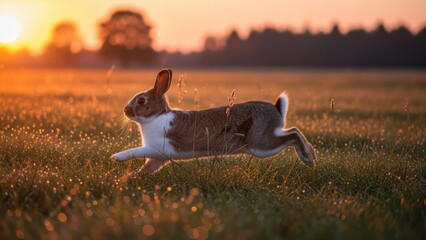 Cute wild rabbit actively hopping and running through a dew-covered grassy field at golden hour with a beautiful bokeh background.