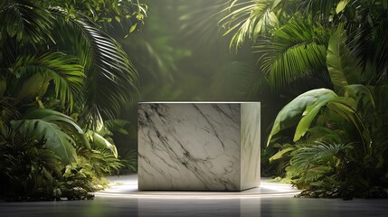Marble product display pedestal surrounded by lush vibrant tropical jungle foliage and soft ambient light