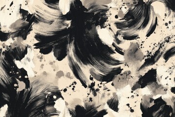 Abstract brushstroke pattern in grayscale and beige, with artistic smears and paint splatters