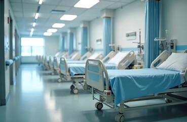 Empty hospital ward with beds ready for patients. Clean corridor with medical equipment. Modern healthcare facility, bright and orderly interior.