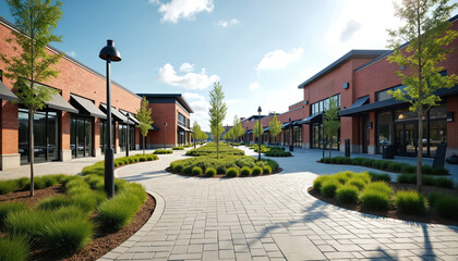 Fototapeta premium Empty brick retail buildings line a modern outdoor plaza with manicured green landscaping. Paved walkways curve between shops under a clear blue sky. Sunny day offers a pleasant shopping environment.