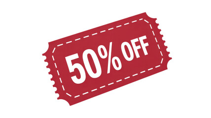 Red discount coupon. 50 percent off sale ticket. Promotion and offer. Shopping savings.