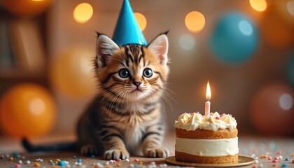 Cute tabby kitten wears blue party hat near birthday cake with lit candle. Festive balloons float in background. Cat sits on table with confetti. Adorable pet celebrates special day with dessert.