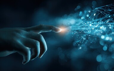 A glowing fingertip interacts with a network of interconnected lines and dots in blue light