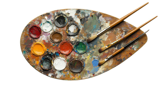 Artist paint palette and brushes. Colorful paints mixed. Art supplies for painting. Creative tools.
