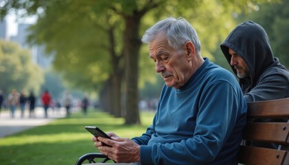 Elderly man uses phone on park bench. Suspicious hooded figure watches closely from behind. Potential danger or theft unfolding in public space.
