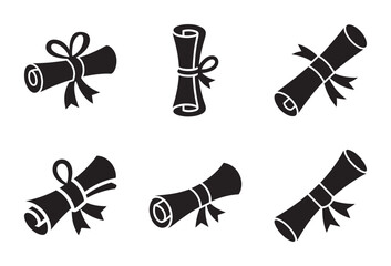A set of six black and white graduation diploma icons representing academic achievement