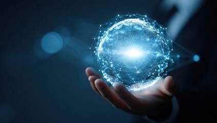 Close-up shows a hand holding a glowing digital globe