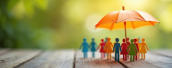 Colorful paper people figures stand together under an open orange umbrella. Symbolizing group protection security for team members. Life and health benefit concept.