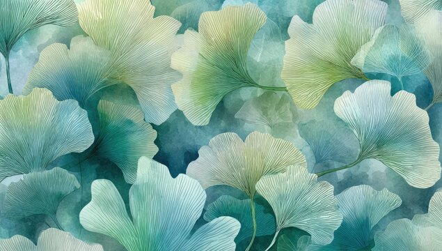 Watercolor illustration of ginkgo leaves in shades of green, blue, and teal, creating a serene pattern
