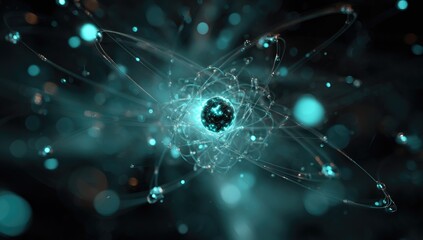 A luminescent, stylized depiction of atomic structure, with orbiting spheres and a central nucleus