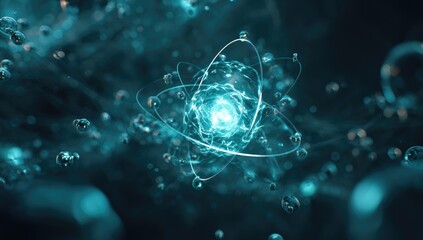 Abstract close-up of an atom model glowing brightly with particles surrounding the core