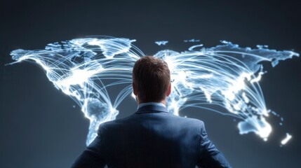 A person in a suit observes a digital world map overlaid with connecting lines, implying global business connections. The map is illuminated in a dark room