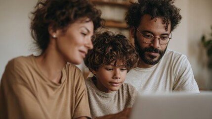 Family of three - a mother, father and son - sitting together and looking at a laptop screen.