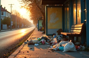 Urban bus stop littered with trash bags plastic bottles paper bags and clothes. Sidewalk near road covered in debris during golden hour. City streetscape shows neglect and pollution.