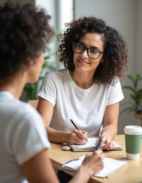 Woman with glasses smiles while writing in notebook. Person receives counseling and support in office setting. Client discusses problems with therapist or coach during meeting.