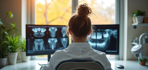 Woman dentist analyzes teeth x-rays on computer screen in clinic. Doctor checks dental health. Patient oral diagnosis using tech in medical office.