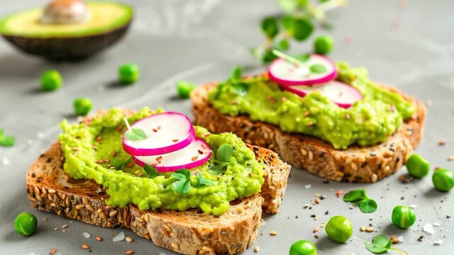 Video Freshly made toast topped with creamy avocado and crunchy radishes