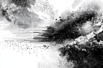 Abstract black and white digital art with splattered and streaked elements, creating a dynamic contrast