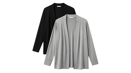 Elegant black garment collection featuring a dress and jacket on hangers alongside an isolated winter coat on a white background showcasing stylish cotton apparel and textile design
