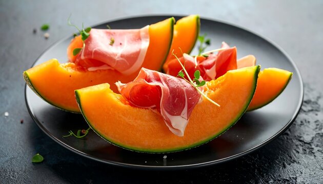 Delicious summer appetizer: Slices of cantaloupe melon with flavorful prosciutto ham