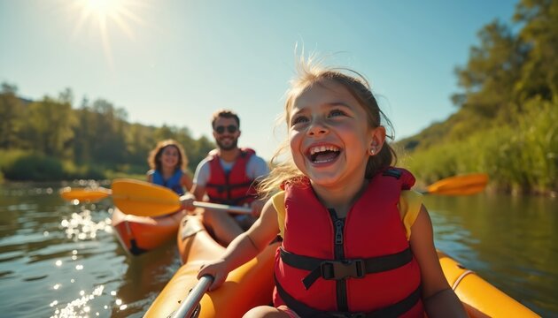 Family enjoys sunny day kayaking on calm river. Child laughs happily in front kayak. Parents paddle behind, sharing joyful adventure and nature connection.