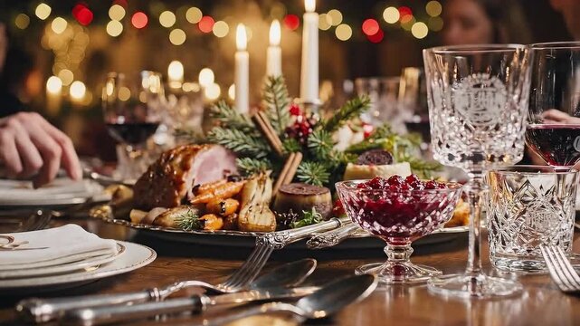 Elegant holiday dinner table with wine glasses and festive meal