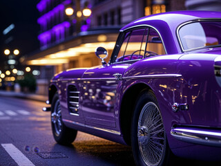 Elegant purple vintage car parked on a city street at night with glowing lights